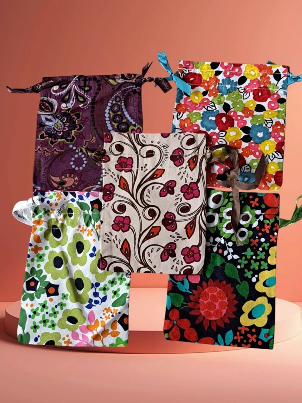 Lot Of 5 Brighton Drawstring Jewelry Multi Color Fabric Dust Bags Small 6"x5" *